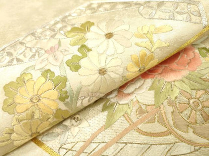 平和屋着物▼太鼓柄袋帯　駒刺繍　総刺繍　亀甲花車文　金銀糸　正絹　逸品　DABI7677fe