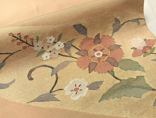 平和屋着物●太鼓柄袋帯　すくい織　花唐草文　金糸　正絹　逸品　CABL0248vp