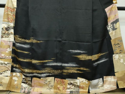 平和屋着物●訪問着　駒刺繍　色紙重ね風景花文　黒地　金銀彩　正絹　逸品　DABI9407ud