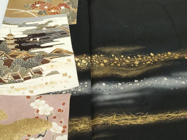 平和屋着物●訪問着　駒刺繍　色紙重ね風景花文　黒地　金銀彩　正絹　逸品　DABI9407ud