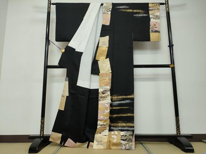 平和屋着物●訪問着　駒刺繍　色紙重ね風景花文　黒地　金銀彩　正絹　逸品　DABI9407ud