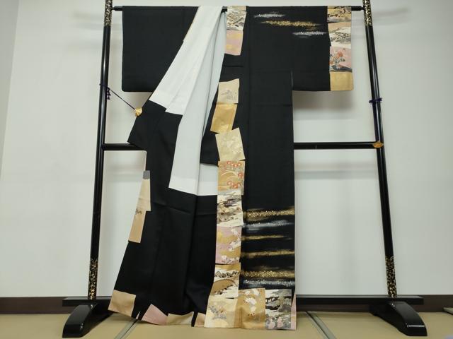 平和屋着物●訪問着　駒刺繍　色紙重ね風景花文　黒地　金銀彩　正絹　逸品　DABI9407ud
