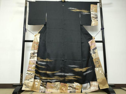 平和屋着物●訪問着　駒刺繍　色紙重ね風景花文　黒地　金銀彩　正絹　逸品　DABI9407ud