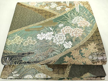 平和屋着物◎六通柄袋帯　唐織　巻絵夢想文　黒地　金糸　正絹　逸品　DABJ4154cd