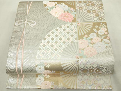 平和屋着物◎六通柄袋帯　唐織　扇面吉祥花文　金銀糸　正絹　逸品　DABJ4162cd
