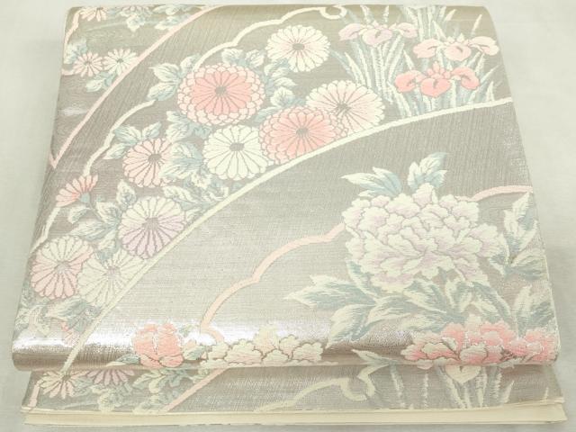 平和屋着物◎六通柄袋帯　唐織　雪芝花文　銀糸　正絹　逸品　DABJ4178cd