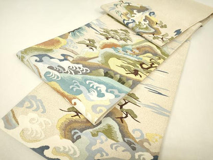平和屋着物●爪掻き本綴れ　六通柄袋帯　風景松文　金銀糸　正絹　逸品　DABJ1259az