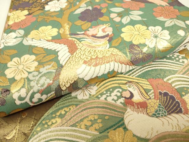 平和屋着物▼双方向　両面全通柄袋帯　桜に鳳凰　能装束集成　金糸　正絹　逸品　DABJ1276az