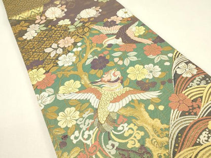 平和屋着物▼双方向　両面全通柄袋帯　桜に鳳凰　能装束集成　金糸　正絹　逸品　DABJ1276az