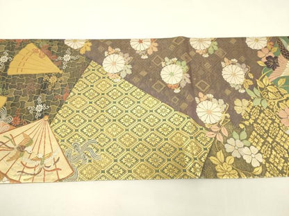 平和屋着物▼双方向　両面全通柄袋帯　桜に鳳凰　能装束集成　金糸　正絹　逸品　DABJ1276az
