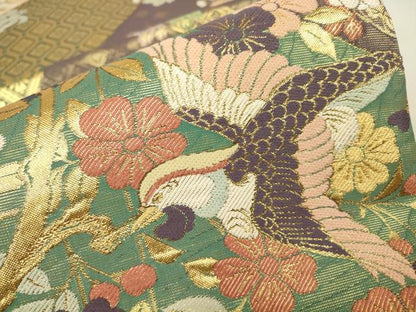 平和屋着物▼双方向　両面全通柄袋帯　桜に鳳凰　能装束集成　金糸　正絹　逸品　DABJ1276az