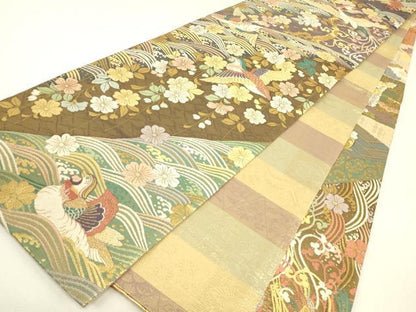 平和屋着物▼双方向　両面全通柄袋帯　桜に鳳凰　能装束集成　金糸　正絹　逸品　DABJ1276az