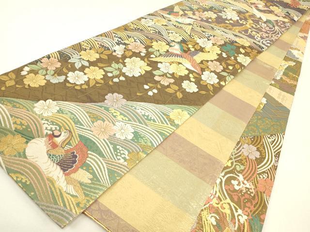 平和屋着物▼双方向　両面全通柄袋帯　桜に鳳凰　能装束集成　金糸　正絹　逸品　DABJ1276az