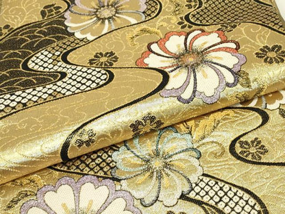 平和屋着物▼両面　六通柄袋帯　流水花文　金糸　正絹　逸品　DABJ1281az