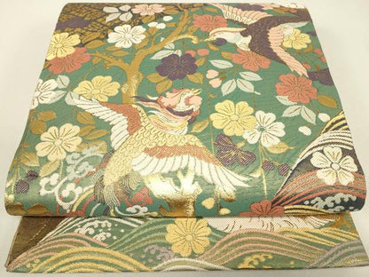 平和屋着物▼双方向　両面全通柄袋帯　桜に鳳凰　能装束集成　金糸　正絹　逸品　DABJ1276az