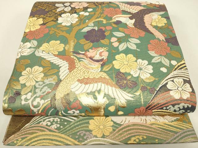 平和屋着物▼双方向　両面全通柄袋帯　桜に鳳凰　能装束集成　金糸　正絹　逸品　DABJ1276az