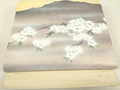 平和屋着物▼太鼓柄袋帯　枝桜文　手描き　銀糸　さが美扱い　正絹　逸品　DABJ1275az
