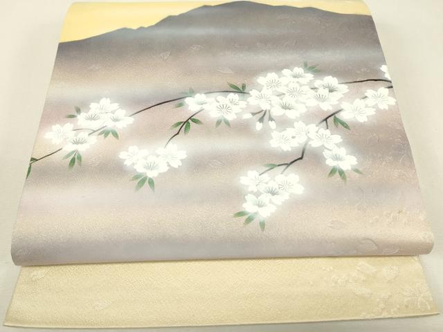 平和屋着物▼太鼓柄袋帯　枝桜文　手描き　銀糸　さが美扱い　正絹　逸品　DABJ1275az