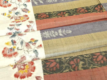 平和屋着物▽小千谷紬　単衣　更紗花間道　正絹　逸品　DABJ1352az