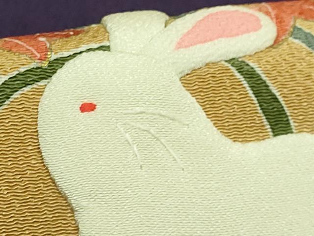 平和屋本店●極上　人形作家・ホリヒロシ　九寸名古屋帯　押し絵　貼り絵　兎　紫紺色地　金彩　鬼しぼ縮緬　逸品　DZAB9637kh6