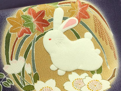 平和屋本店●極上　人形作家・ホリヒロシ　九寸名古屋帯　押し絵　貼り絵　兎　紫紺色地　金彩　鬼しぼ縮緬　逸品　DZAB9637kh6