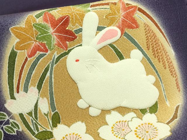 平和屋本店●極上　人形作家・ホリヒロシ　九寸名古屋帯　押し絵　貼り絵　兎　紫紺色地　金彩　鬼しぼ縮緬　逸品　DZAB9637kh6