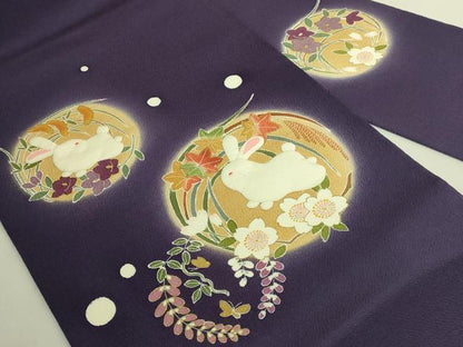 平和屋本店●極上　人形作家・ホリヒロシ　九寸名古屋帯　押し絵　貼り絵　兎　紫紺色地　金彩　鬼しぼ縮緬　逸品　DZAB9637kh6