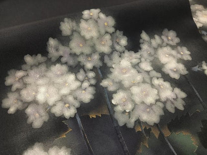 平和屋着物●塩瀬　九寸名古屋帯　ろうけつ染め　草花文　金銀彩　濃紺地　正絹　逸品　CABL0335vp