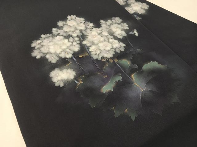 平和屋着物●塩瀬　九寸名古屋帯　ろうけつ染め　草花文　金銀彩　濃紺地　正絹　逸品　CABL0335vp