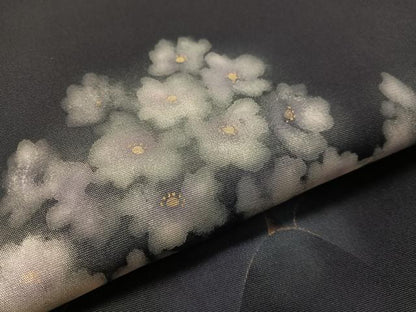平和屋着物●塩瀬　九寸名古屋帯　ろうけつ染め　草花文　金銀彩　濃紺地　正絹　逸品　CABL0335vp