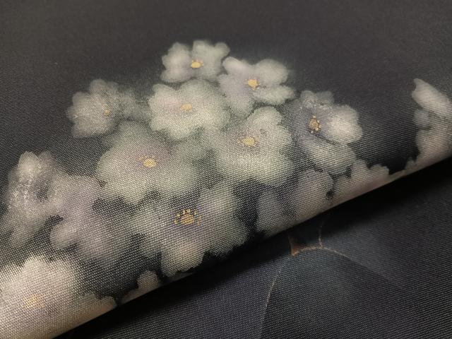 平和屋着物●塩瀬　九寸名古屋帯　ろうけつ染め　草花文　金銀彩　濃紺地　正絹　逸品　CABL0335vp