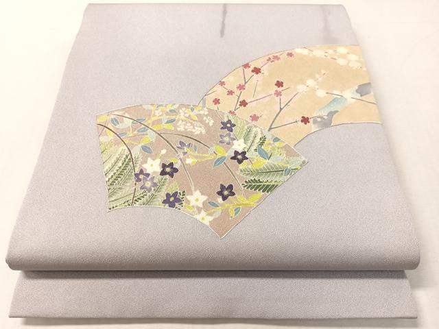 平和屋着物●九寸開き名古屋帯　駒刺繍　地紙花文　銀通し地　正絹　逸品　CABL0380vp