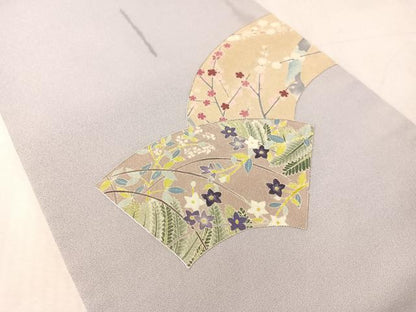 平和屋着物●九寸開き名古屋帯　駒刺繍　地紙花文　銀通し地　正絹　逸品　CABL0380vp