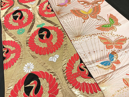 平和屋本店■子供帯 まとめて 35点 鶴 折り鶴 鳥 蝶 花柄 七宝 正倉院 金銀糸 など 着用可能多数 未使用品あり mmm1399