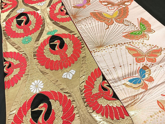 平和屋本店■子供帯 まとめて 35点 鶴 折り鶴 鳥 蝶 花柄 七宝 正倉院 金銀糸 など 着用可能多数 未使用品あり mmm1399
