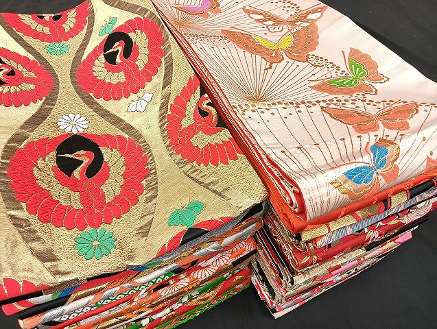 平和屋本店■子供帯 まとめて 35点 鶴 折り鶴 鳥 蝶 花柄 七宝 正倉院 金銀糸 など 着用可能多数 未使用品あり mmm1399