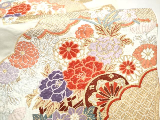 平和屋本店▼六通柄袋帯　唐織　桧扇能衣花車文　本金箔　正絹　逸品　CABL4884hy