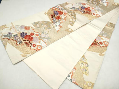 平和屋本店▼六通柄袋帯　唐織　桧扇能衣花車文　本金箔　正絹　逸品　CABL4884hy