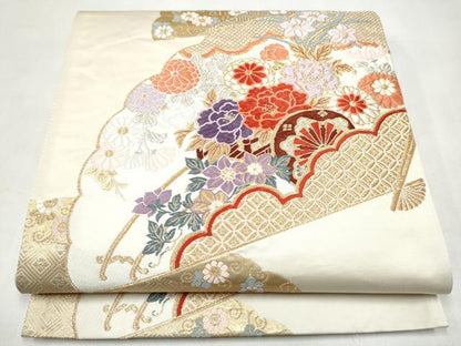 平和屋本店▼六通柄袋帯　唐織　桧扇能衣花車文　本金箔　正絹　逸品　CABL4884hy
