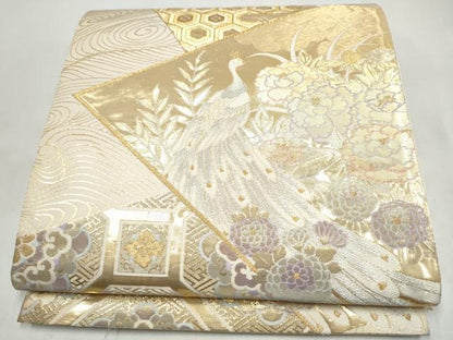 平和屋本店▼六通柄袋帯　切嵌孔雀花文　純金箔　正絹　逸品　CABL4917hy