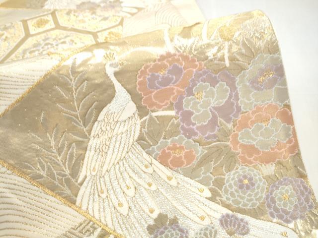 平和屋本店▼六通柄袋帯　切嵌孔雀花文　純金箔　正絹　逸品　CABL4917hy