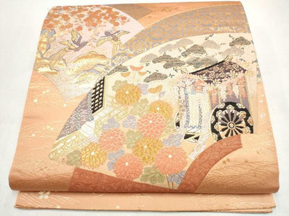 平和屋本店▼六通柄袋帯　扇面御所解　純金箔　正絹　逸品　CABL4920hy
