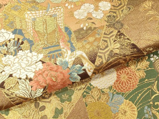 平和屋本店▼六通柄袋帯　唐織　御所車色紙花文　本金箔　正絹　逸品　DABI5782op