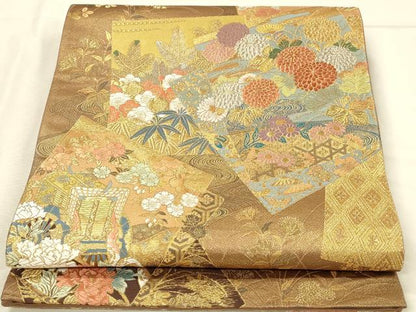 平和屋本店▼六通柄袋帯　唐織　御所車色紙花文　本金箔　正絹　逸品　DABI5782op