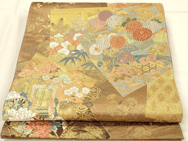 平和屋本店▼六通柄袋帯　唐織　御所車色紙花文　本金箔　正絹　逸品　DABI5782op