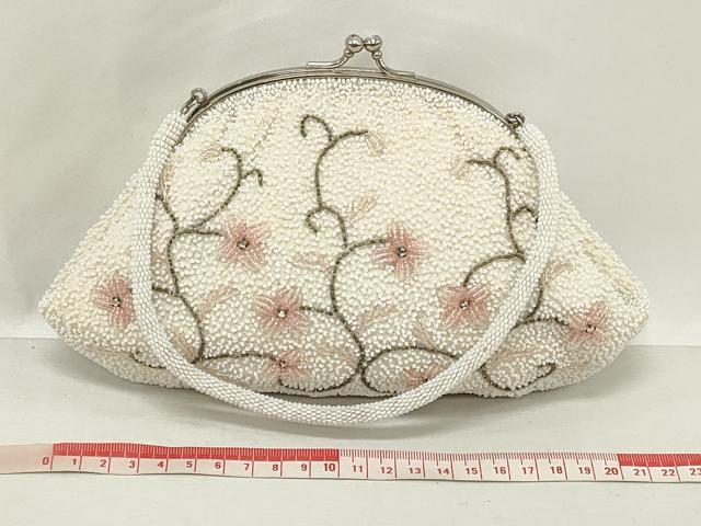 平和屋着物▼和装小物　和装ビーズバッグまとめて3点　総ビーズ　花唐草文　ラインストーン　白色　逸品　DABJ2126xg