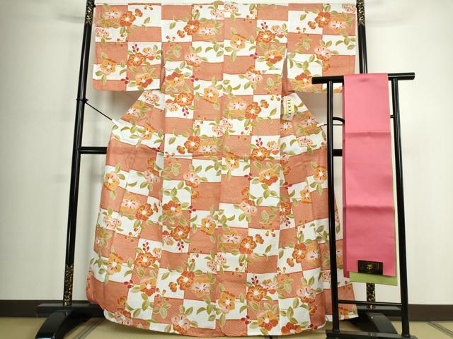 平和屋着物∴夏物　浴衣・帯セット　草花文　日本製　綿　逸品　DABJ4218cd