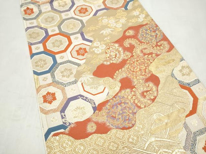 平和屋本店▼六通柄袋帯　流水吉祥花文　九百錦純金箔24K　正絹　逸品　CABL5038hy