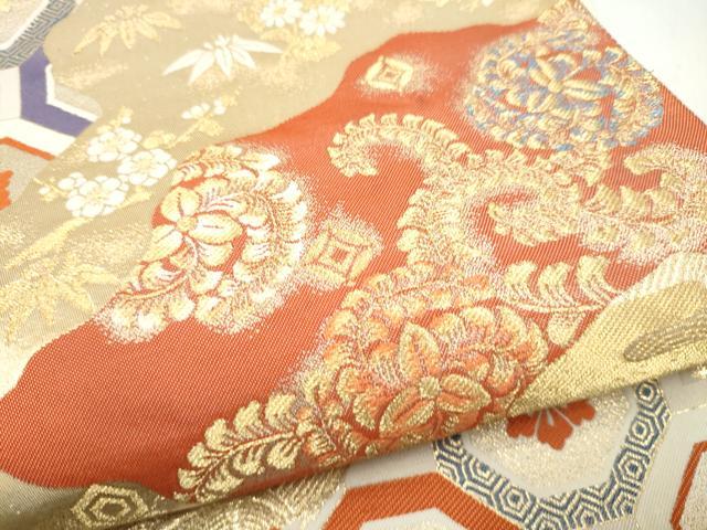 平和屋本店▼六通柄袋帯　流水吉祥花文　九百錦純金箔24K　正絹　逸品　CABL5038hy