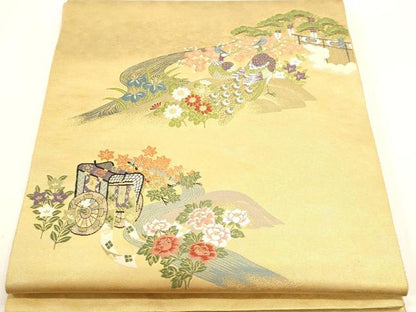 平和屋着物▼太鼓柄袋帯　孔雀花文　沈金箔　正絹　逸品　DABJ6010sf